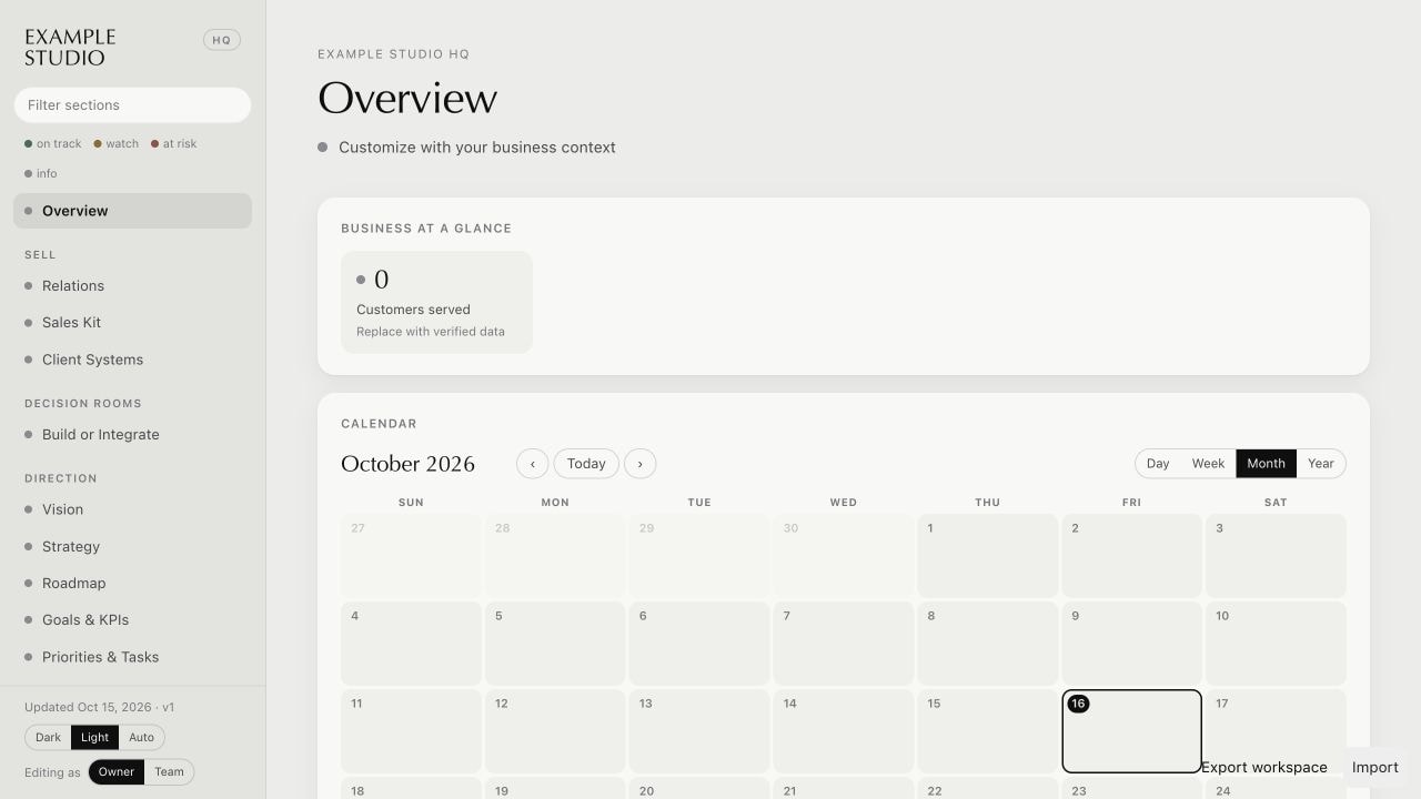 AI HQ: The overview, business summary, month calendar and section navigation in the local HQ.