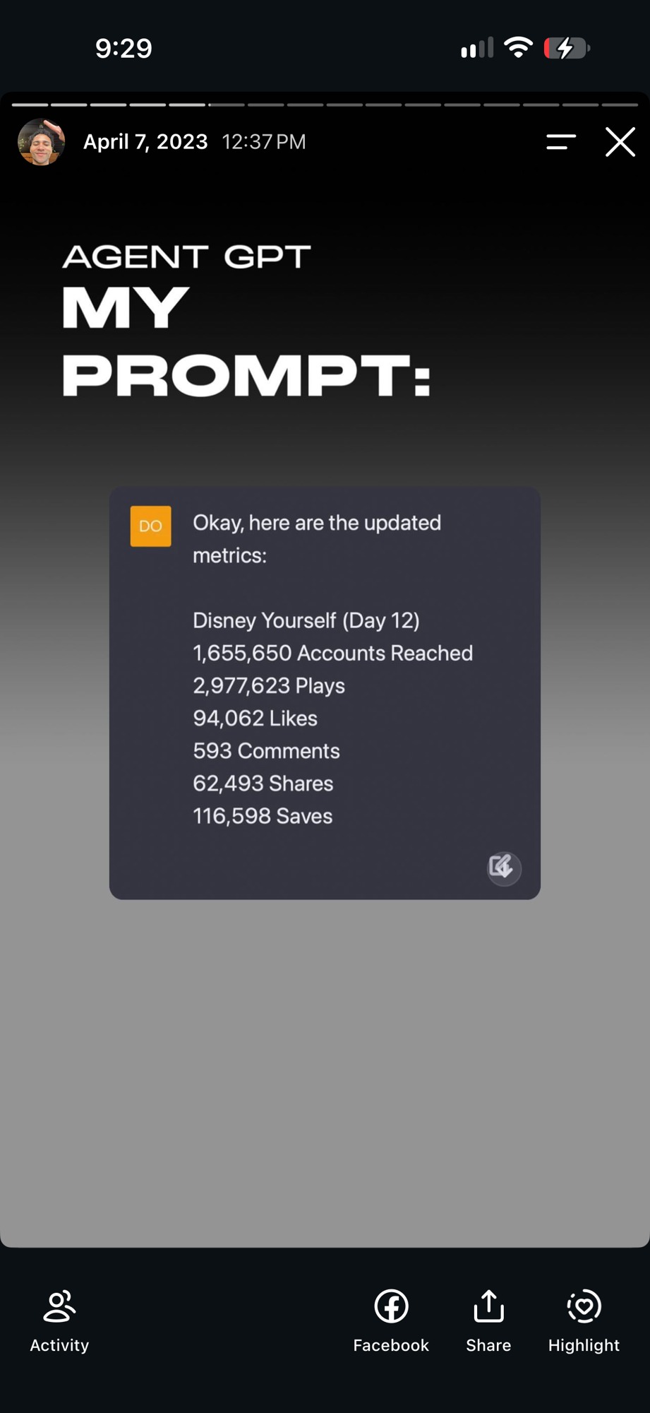 Archived story reporting plays, shares, saves and other results for the Disney Yourself post